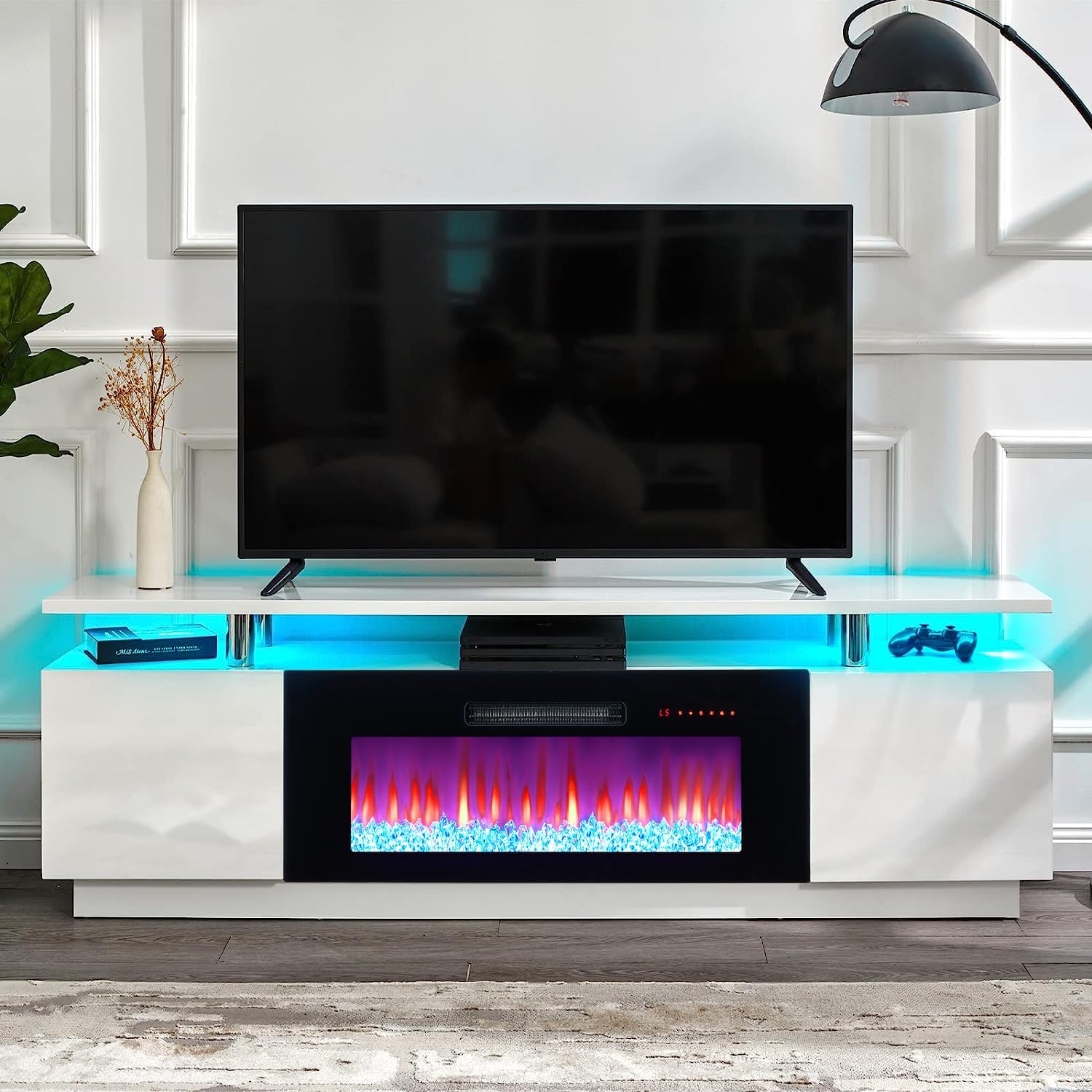 AMERLIFE 70" High-Gloss Fireplace TV Stand with 36" Electric Fireplace | White/Black LED TV Console, Modern Living Room Entertainment Center, Fits TVs up to 80", 2 Cabinets, 2-Tier Storage Space