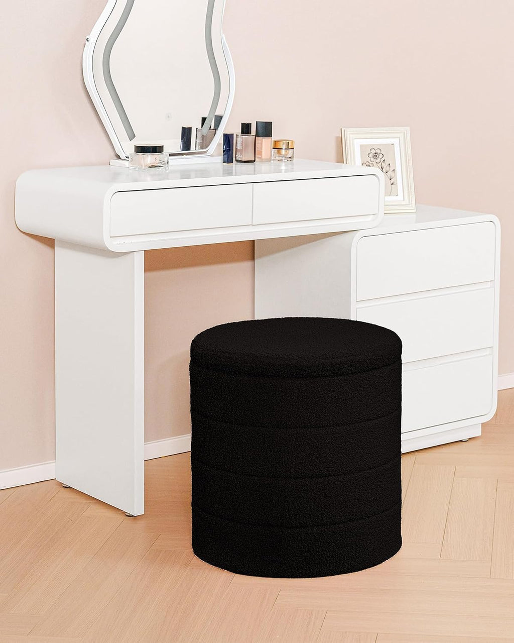 B FSOBEIIALEO Folding Storage Ottoman, Round Sherpa Ottomans, Black | 16.9" Foldable Ottoman With Tray, Boucle Foot Stool, Small Storage Coffee Table for Living Room, Bedroom, Hallway