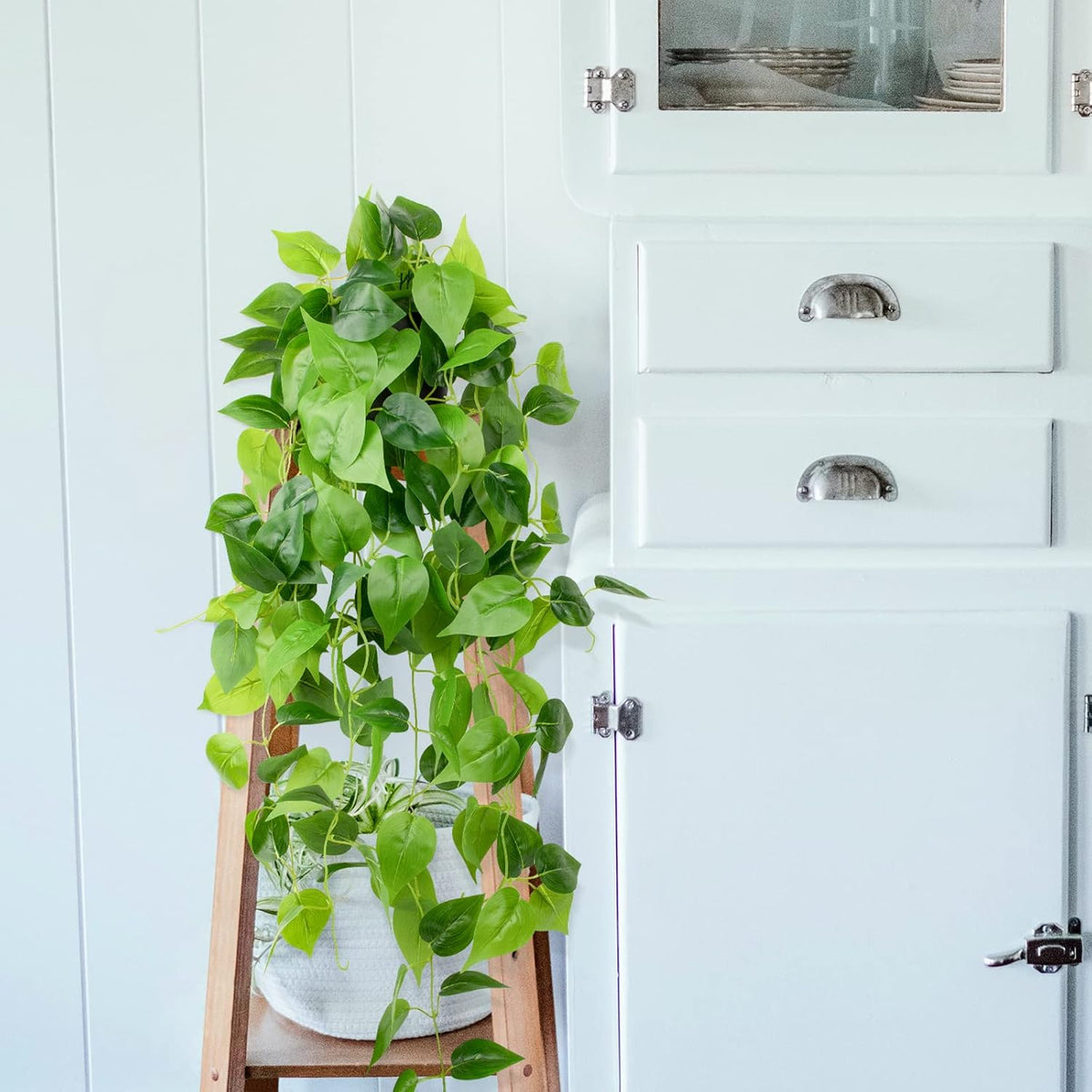 LOYWREE 35.4in Artificial Plants in Black Pot Realistic Fake Hanging Potted Greenery with Faux Ivy Vine & Pothos - Ideal for Shelf, Home, Office, Indoor & Outdoor Garden Decor
