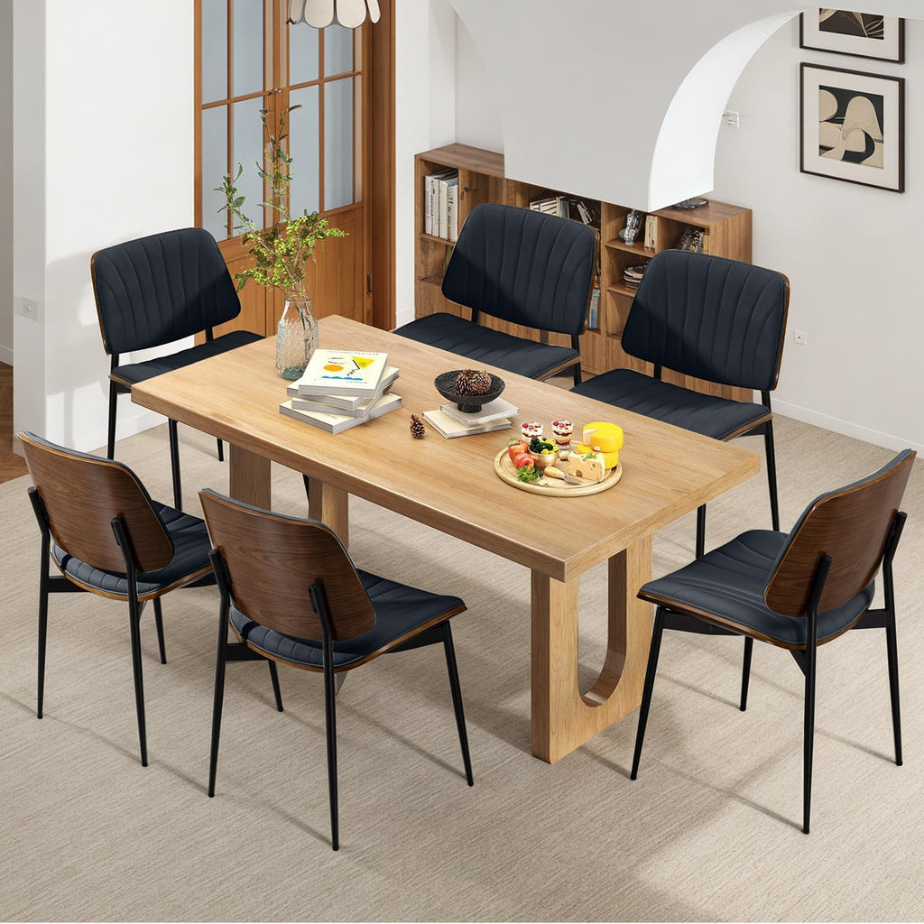 AVAWING Walnut Dining Chairs Set of 6, Mid Century Modern Dining Chairs PU Leather Upholstered Kitchen Chairs with Walnut Bentwood Back & Metal Legs for Dining Room, Kitchen, Living Room, Black