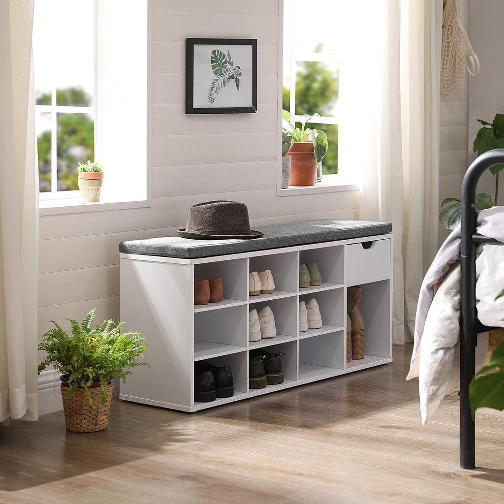 VASAGLE Shoe Bench with Cushion, Storage Bench, 10 Compartments | Entryway Bench with Padded Seat, for Bedroom, Closet, White and Gray, CUSTOS Collection ULHS024W01