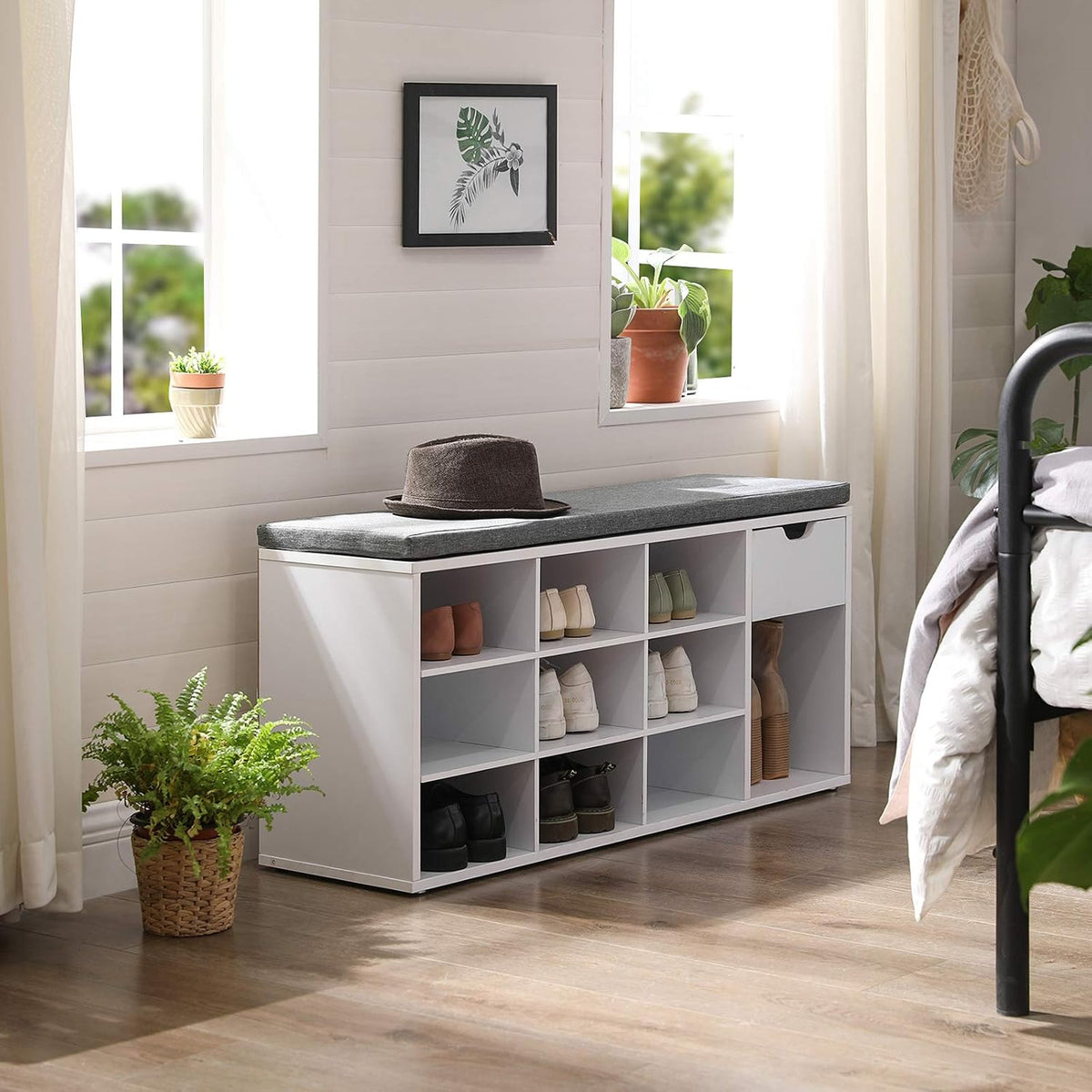 VASAGLE Shoe Bench with Cushion, Storage Bench, 10 Compartments | Entryway Bench with Padded Seat, for Bedroom, Closet, White and Gray, CUSTOS Collection ULHS024W01