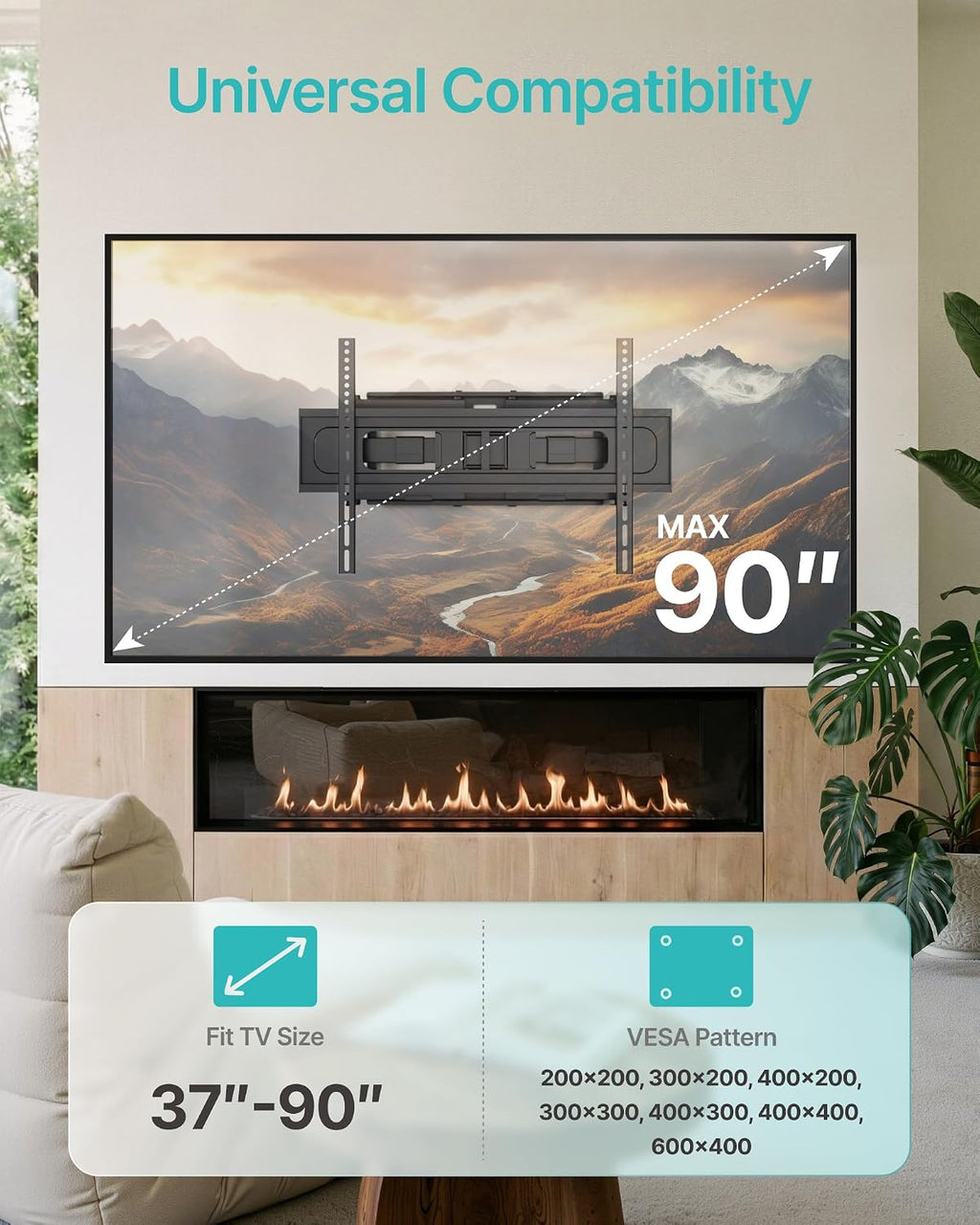 Pegzone Full Motion TV Wall Mount for 37-90 Inch TVs up to 132lbs | Swivel Tilt Extension Heavy Duty TV Bracket with Articulating Arms, Pre-Assembled Mount, Max 16" Wood Studs, VESA 600x400mm