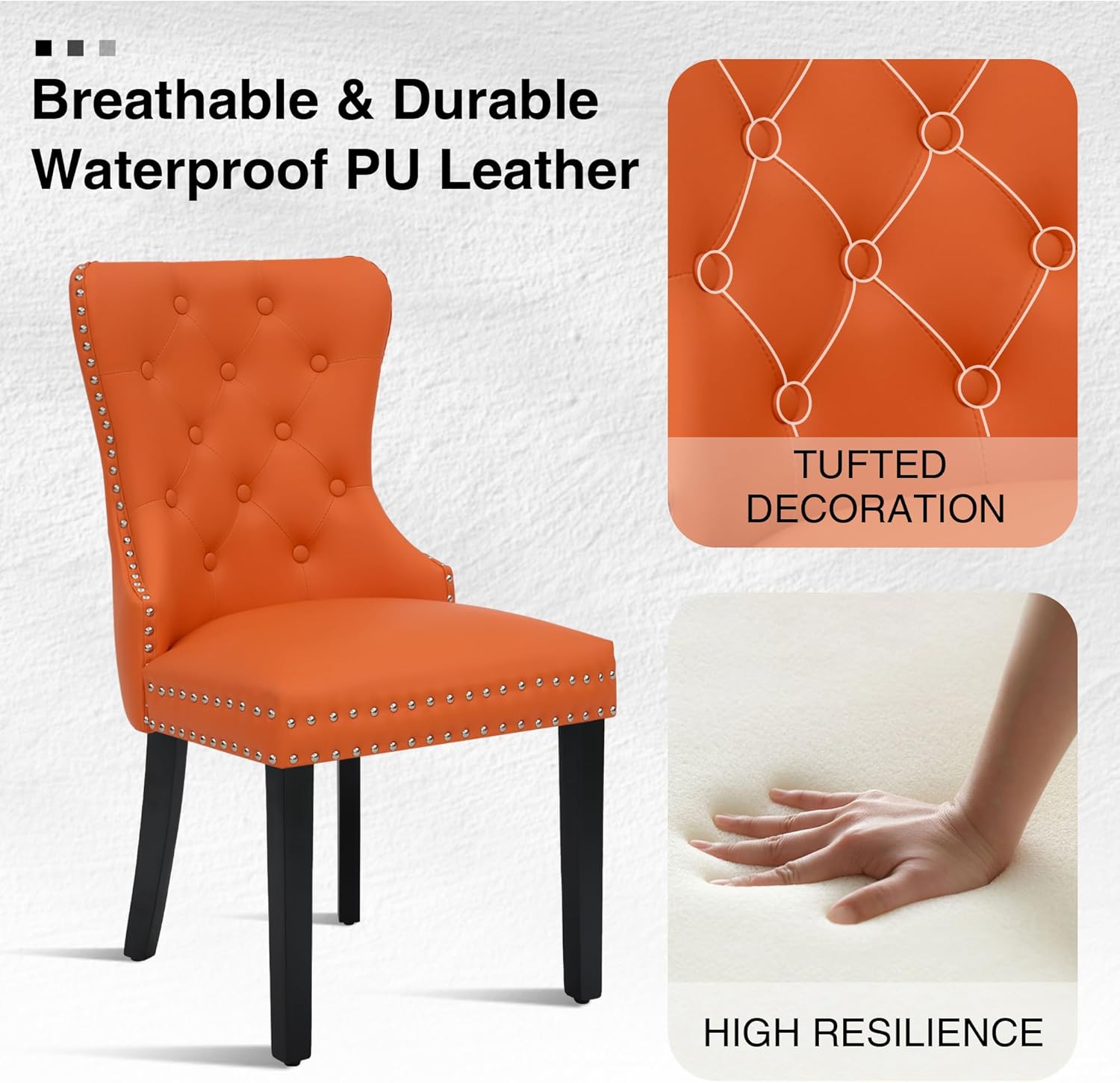 adochr PU Leather Dining Chairs Set of 2, Tufted Upholstered Dining Room Chair with Pull Ring and Solid Wood Legs, Orange