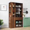 JOYSOURCE Tall Kitchen Hutch Cabinet with Side-Access Shelves & Drawer Freestanding Pantry Cabinet Large with Glass Door Cupboard for Kitchen, Dining Room with Microwave Countertop Walnut Finish