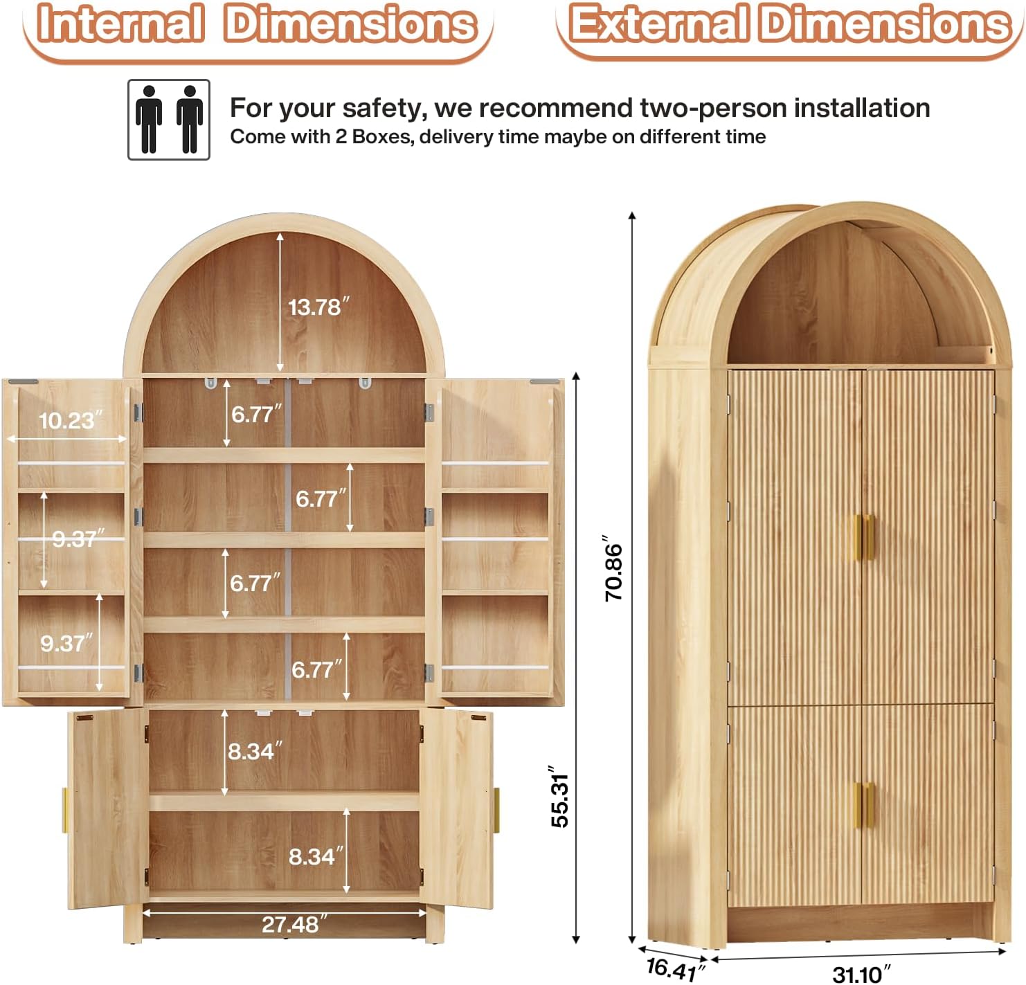 PRETZI Fluted Arched Cabinet with Doors, 71" Tall Kitchen Pantry Storage Cabinet with Adjustable Shelves and 6 Door Shelves, Freestanding Morden Organizer for Kitchen, Living Room, Natural Wood