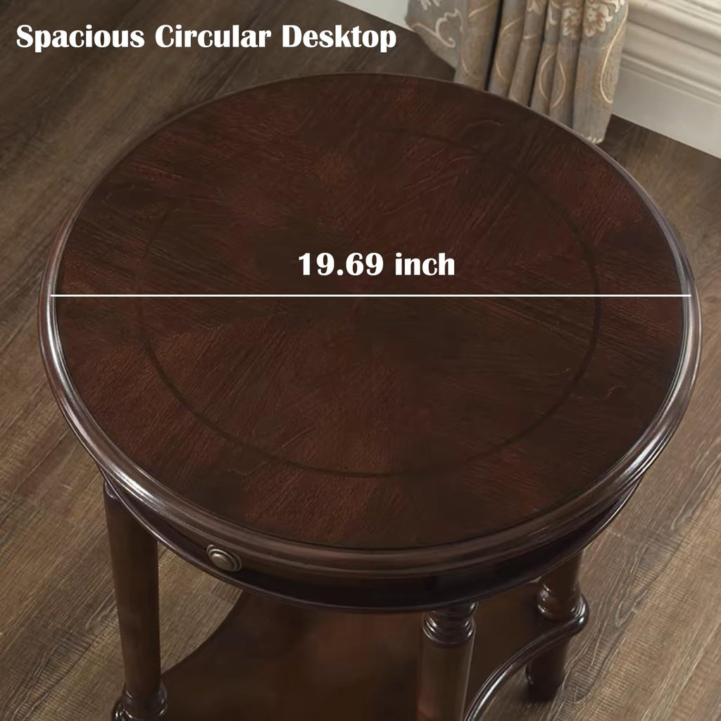 YUNMUAIR-Vintage End Side Table Solid Wood End Table with Drawer and Storage Shelf,26-Inch Tall Round Nightstand,Wooden Accent Table for Living Room Bedroom,No-Tools Assembly,Dark Walnut