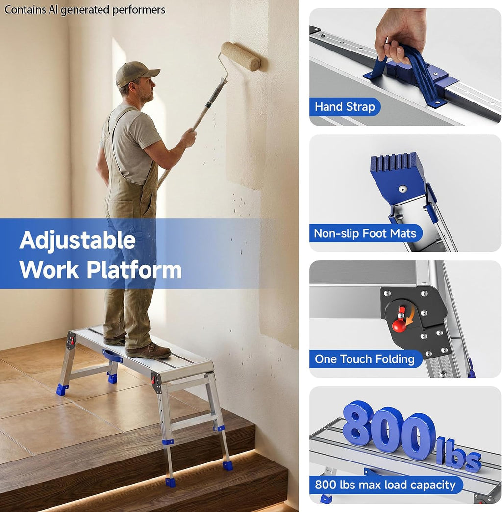 Loyoda Folding Work Platform for Adults, Portable Aluminum Step Stool 800lb | 14"-19.5" Adjustable Height, 12" x 31.5" Wide Platform for Garage, Painting, Reach High Shelves, Gardening, Car Wash
