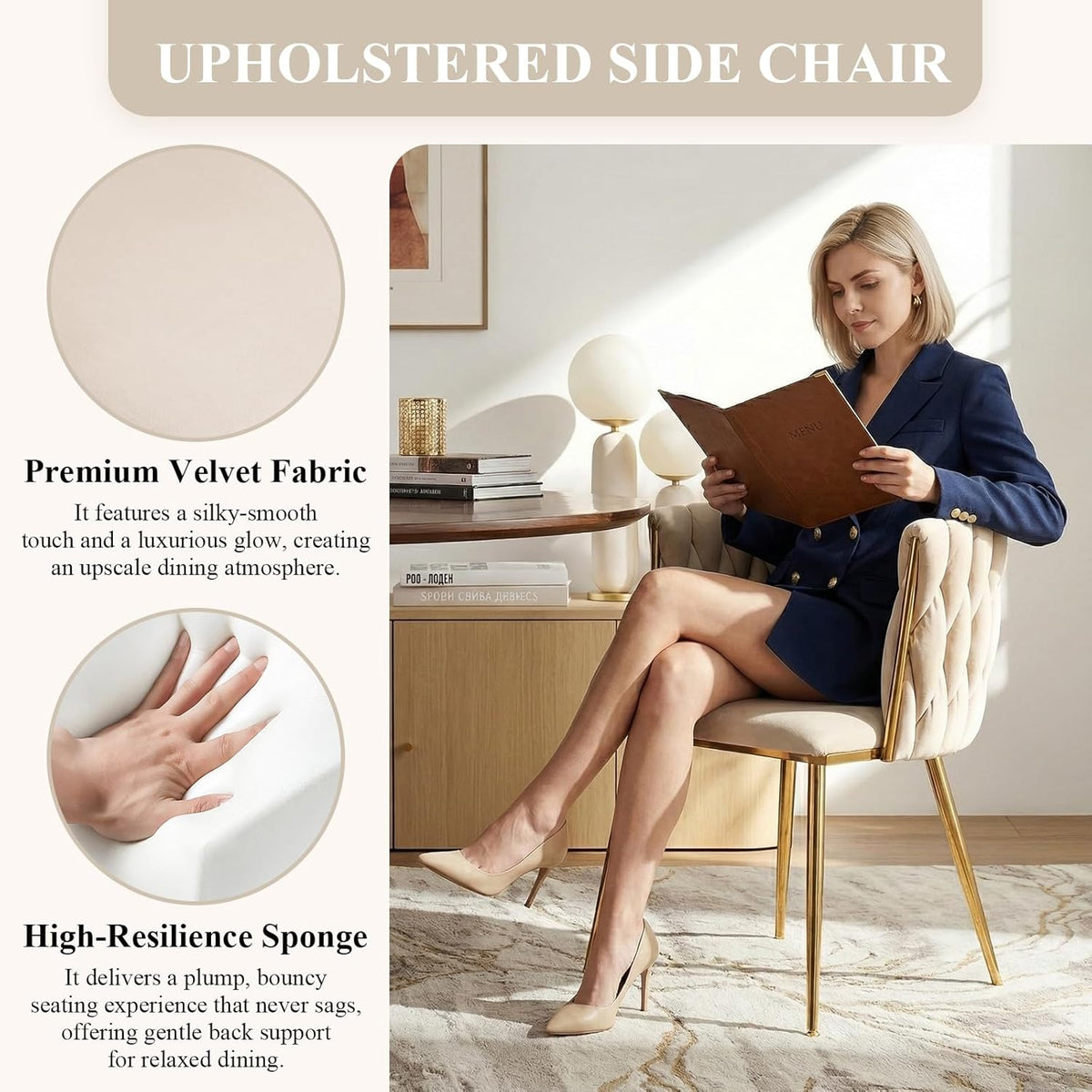 Modern Hand Weaving Dining Chairs Set of 2, Velvet Upholstered Dining Room Chairs with Gold Legs, Elegant Side Chair with Curved Backrest, Accent Chair for Dining Room, Kitchen (Ivory)