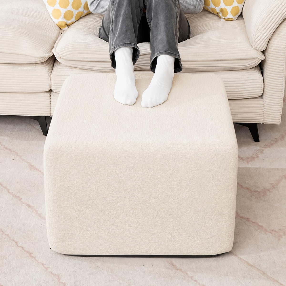 23.6'' Square Pouf Ottoman Foot Rest with High-Rebound Solid One-Piece Foam and Removable Washable Cover for Living Room, Gaming, Movie Watching (Beige)