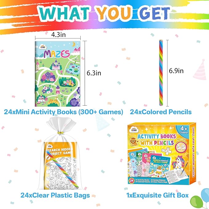ZMLM 24 Activity Books Party Favors for Kids - Bulk 24 Colored Pencils Mini Coloring Books for Kids 4-8 8-12 Birthday Goodie Bags Stuffers Return Gifts Classroom School Game Prizes Travel(Classic)