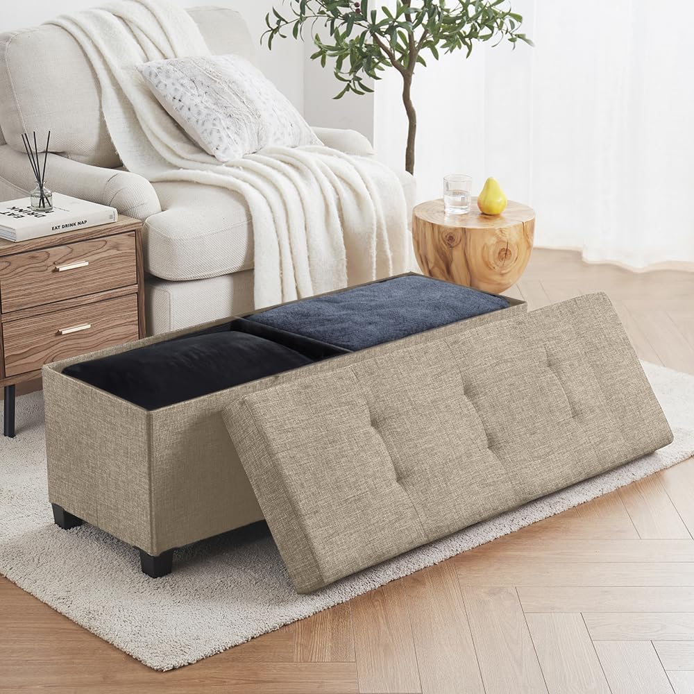 Ornavo Home 43 Inch Storage Ottoman, Large Storage Bench, Ottoman with Storage with Legs, Foot Rest Stool, Bedroom Bench - Tan/Taupe