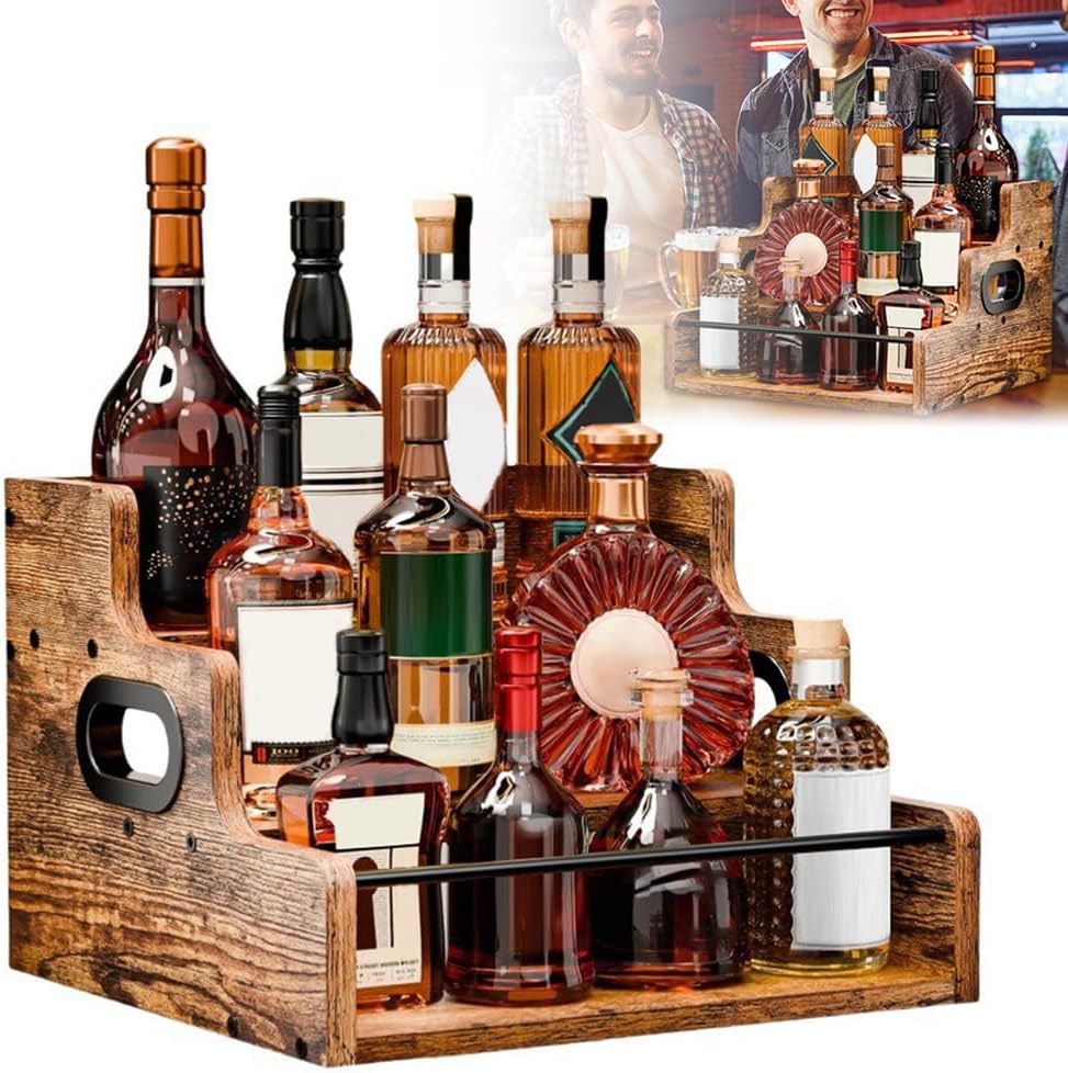 Liquor Bottle Display Shelf, Coffee Syrup Rack Organizer, 3 Step Countertop Liquor Wine Rack, mini bar,Liquor Cabinet, Home Retro Bar Shelf Stand for Liquor Whiskey,