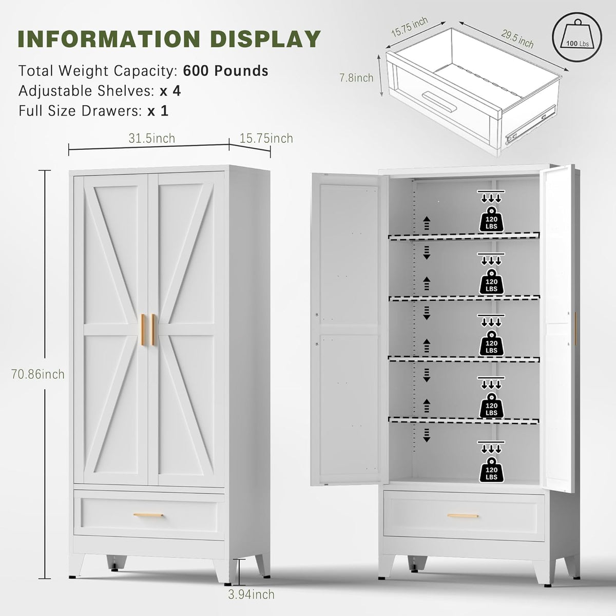 COFaR Metal Storage Cabinet, Farmhouse Storage Cabinet with 2 Doors and 4 Adjustable Shelves - 71" White Kitchen Pantry Storage 5-Tier Tall Steel Cabinets Locker for Kitchen, Living Room, Dining Room