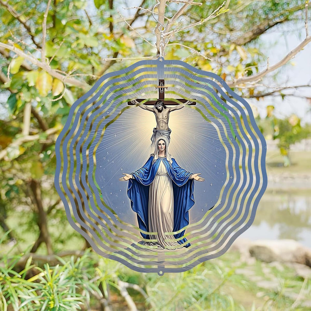 Religious Cross Jesus Wind Spinner, Metal Wind Spinners Outdoor Indoor, Virgin Mary Garden Decor for Outside, Stainless Wind Spinners for Yard and Garden 10 inch 3D (25.76X25 CM)
