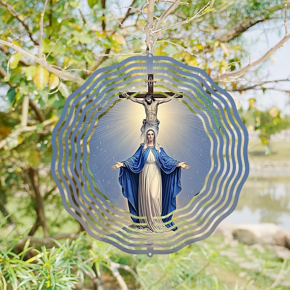 Religious Cross Jesus Wind Spinner, Metal Wind Spinners Outdoor Indoor, Virgin Mary Garden Decor for Outside, Stainless Wind Spinners for Yard and Garden 10 inch 3D (25.76X25 CM)