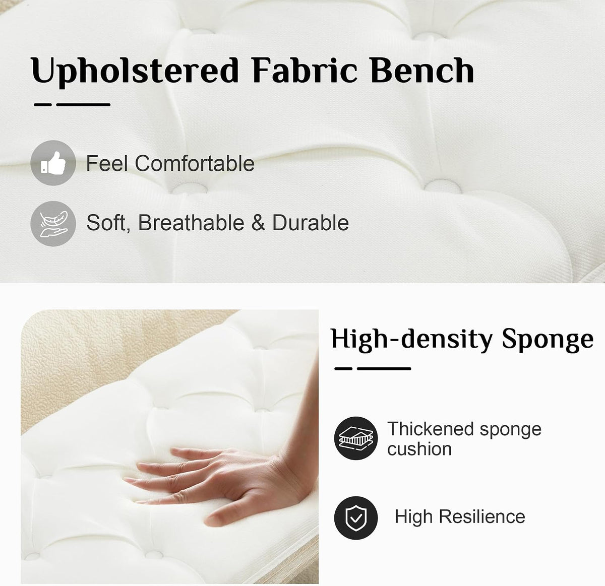 LOULENS 43.9" Linen Fabric End of Bed Bench, Vintage French Upholstered Button Tufted Entry Bench, Window Seat with Carved Wood Legs for Bedroom, Living Room, Entryway, Foyer, Hallway, White