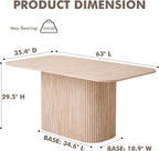 63" Large Dining Table for 4 6, [Rounded Corners] [Grooved Pedestal Base] Modern Rectangle Kitchen Dinner Dining Living Room Table