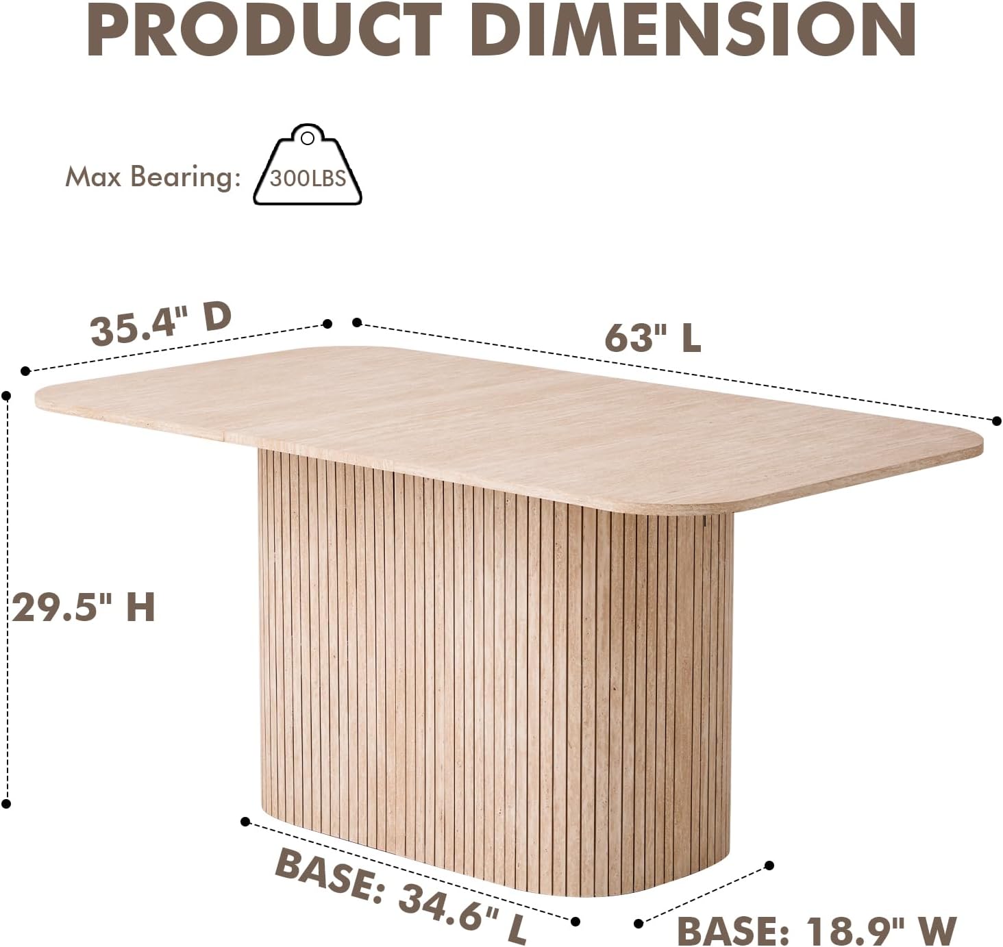 63" Large Dining Table for 4 6, [Rounded Corners] [Grooved Pedestal Base] Modern Rectangle Kitchen Dinner Dining Living Room Table