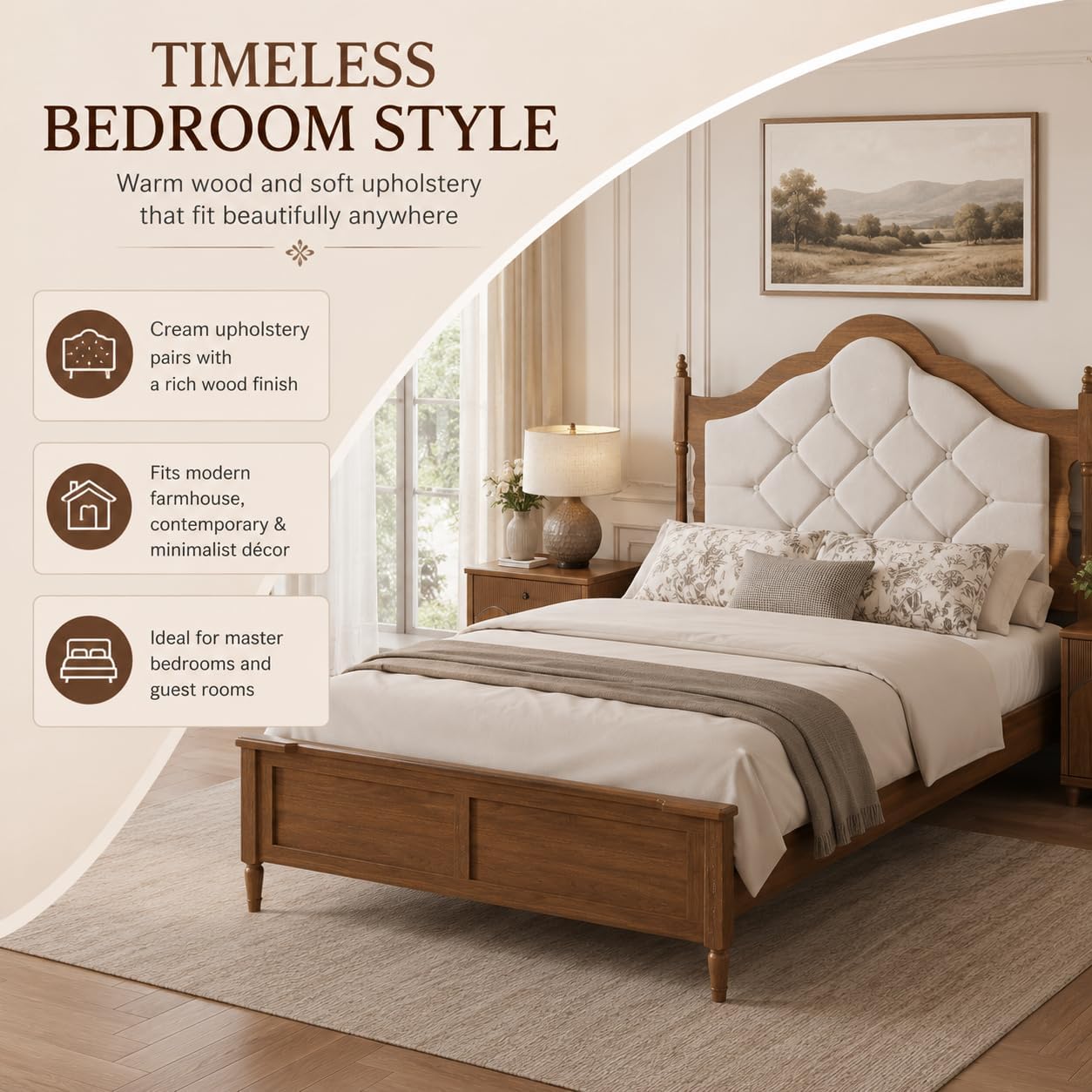 Queen Size Bed Frame with 51" Tall Wingback Headboard, Fabric Upholstered Wooden Platform Bed Frame, No Box Spring Needed, Solid Wood Legs