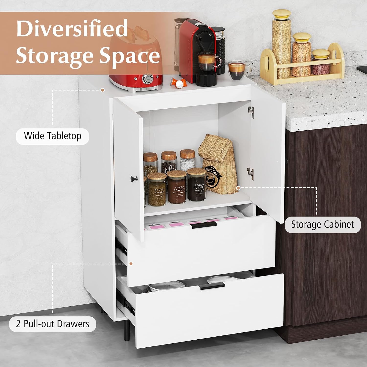 LOKO Buffet Cabinet with 2 Drawers, 2-Door Serving Cupboard with Raised Metal Legs, Modern Floor Coffee Bar Station, Buffet Table Display Cabinet for Living Room, Dining Room, Kitchen, White