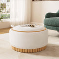 29" Boucle Upholstered Round Storage Ottoman with Solid Wood Legs, Modern Coffee Table Ottoman with Reversible Lid, Large Round Ottoman with Storage for Living Room (Beige, Boucle)