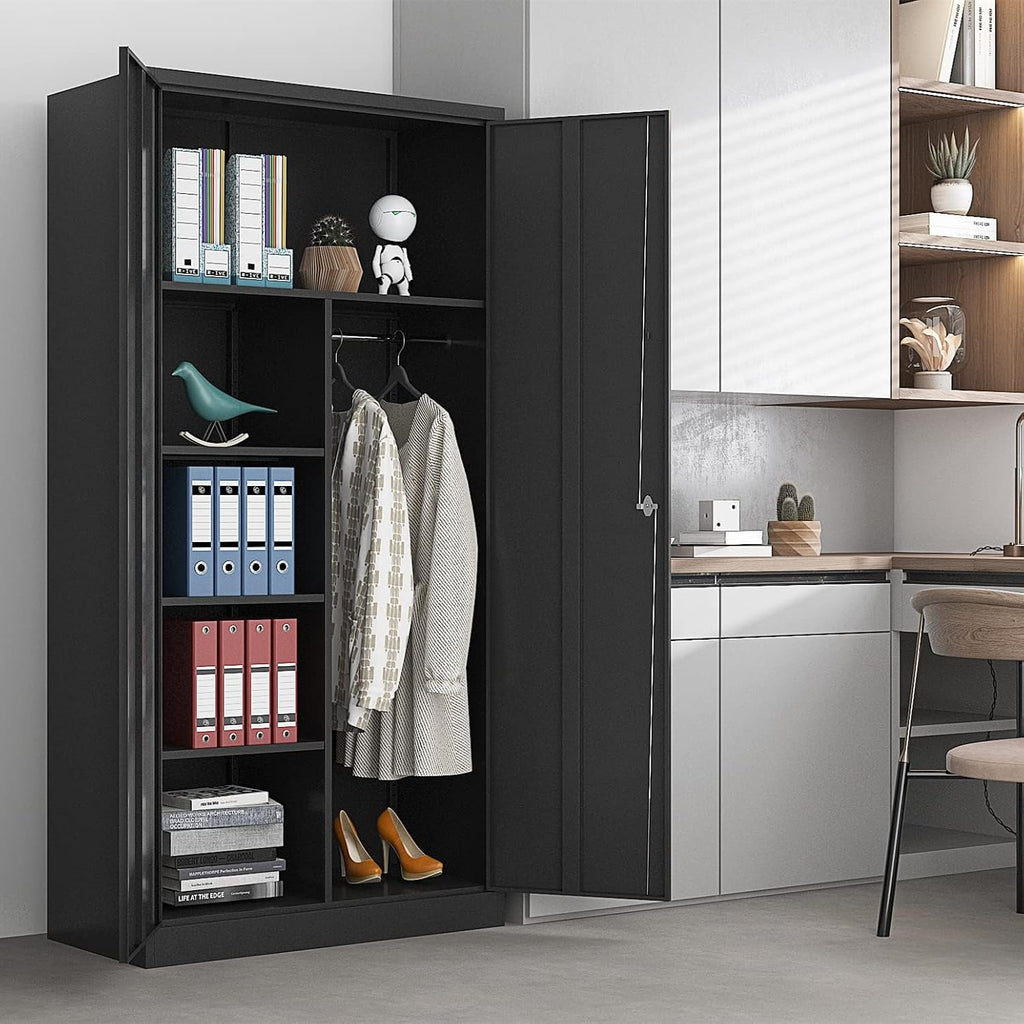 Yizosh Metal Armoire Wardrobe Closet Cabinet for Hanging Clothes with Lock Doors, -72" Steel Lockable Wardrobe Storage Locker Clothes Organizer for Bedroom, Laundry Room (Black)