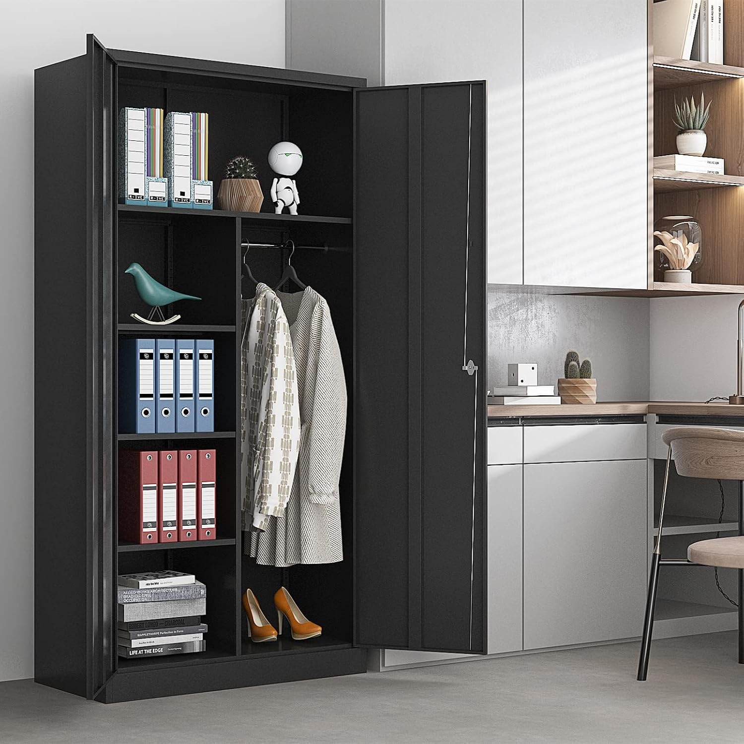 Yizosh Metal Armoire Wardrobe Closet Cabinet for Hanging Clothes with Lock Doors, -72" Steel Lockable Wardrobe Storage Locker Clothes Organizer for Bedroom, Laundry Room (Black)