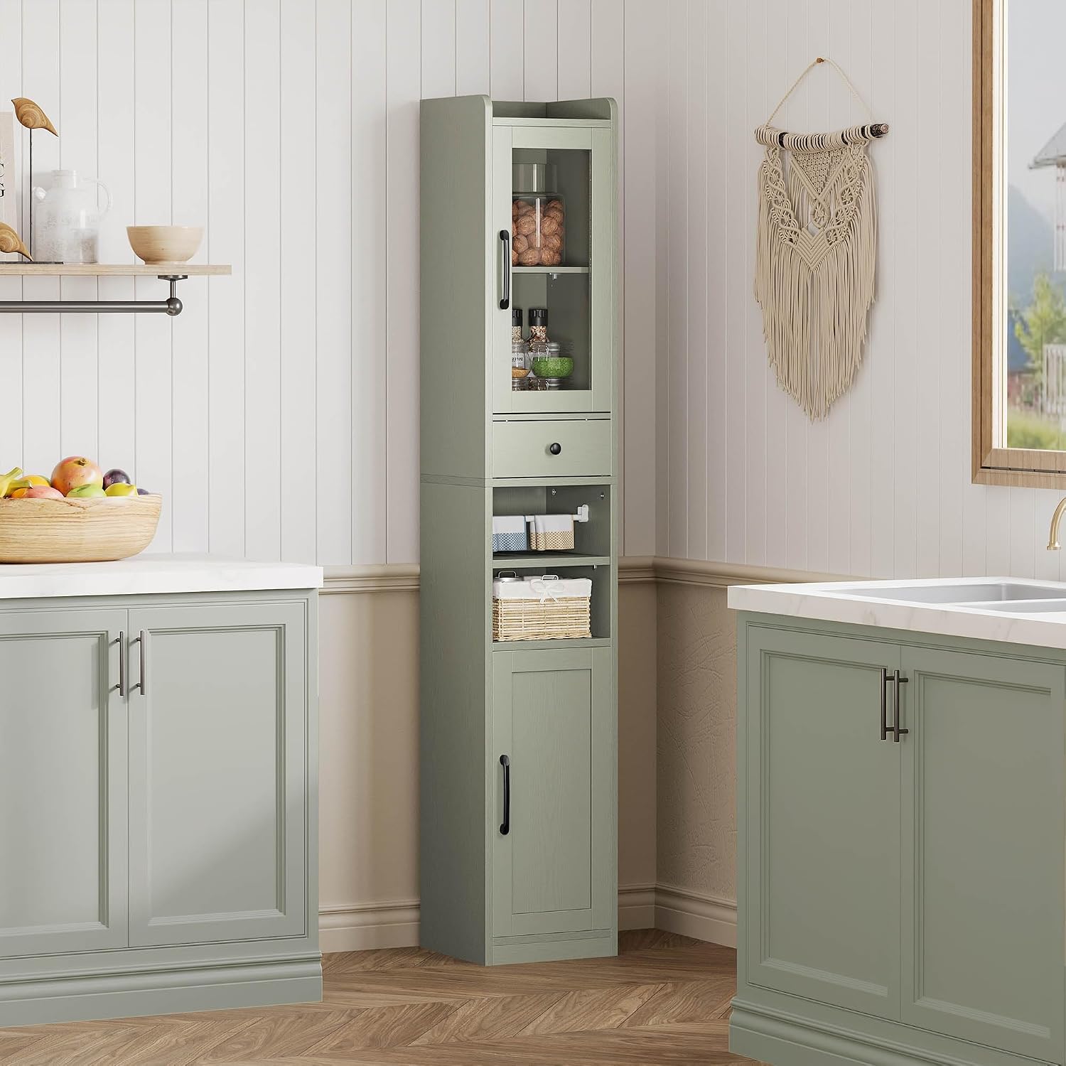 IRONCK Tall Bathroom Cabinet with Drawer and Door, 71" H Slim Freestanding Narrow Storage Cabinet with Adjustable Shelves, Retractable Toilet Paper Rod, for Small Spaces, 11.8" W Green