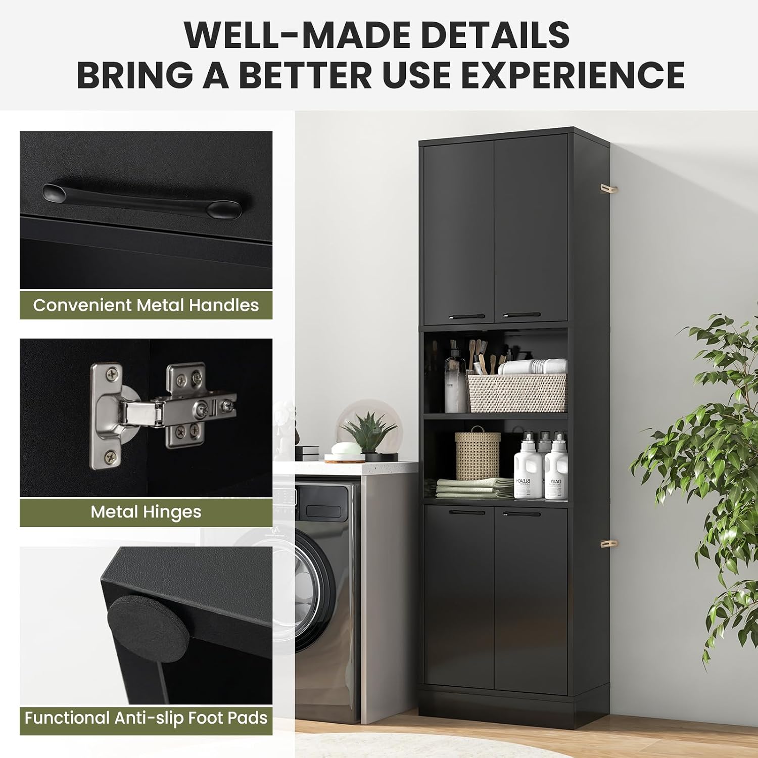 Kitchen Pantry Cabinet, Dining Room Cupboard with 4 Doors & 2 Open Countertop, 4 Anti-Tipping Devices, 75”Tall Bathroom Cabinets (Black)