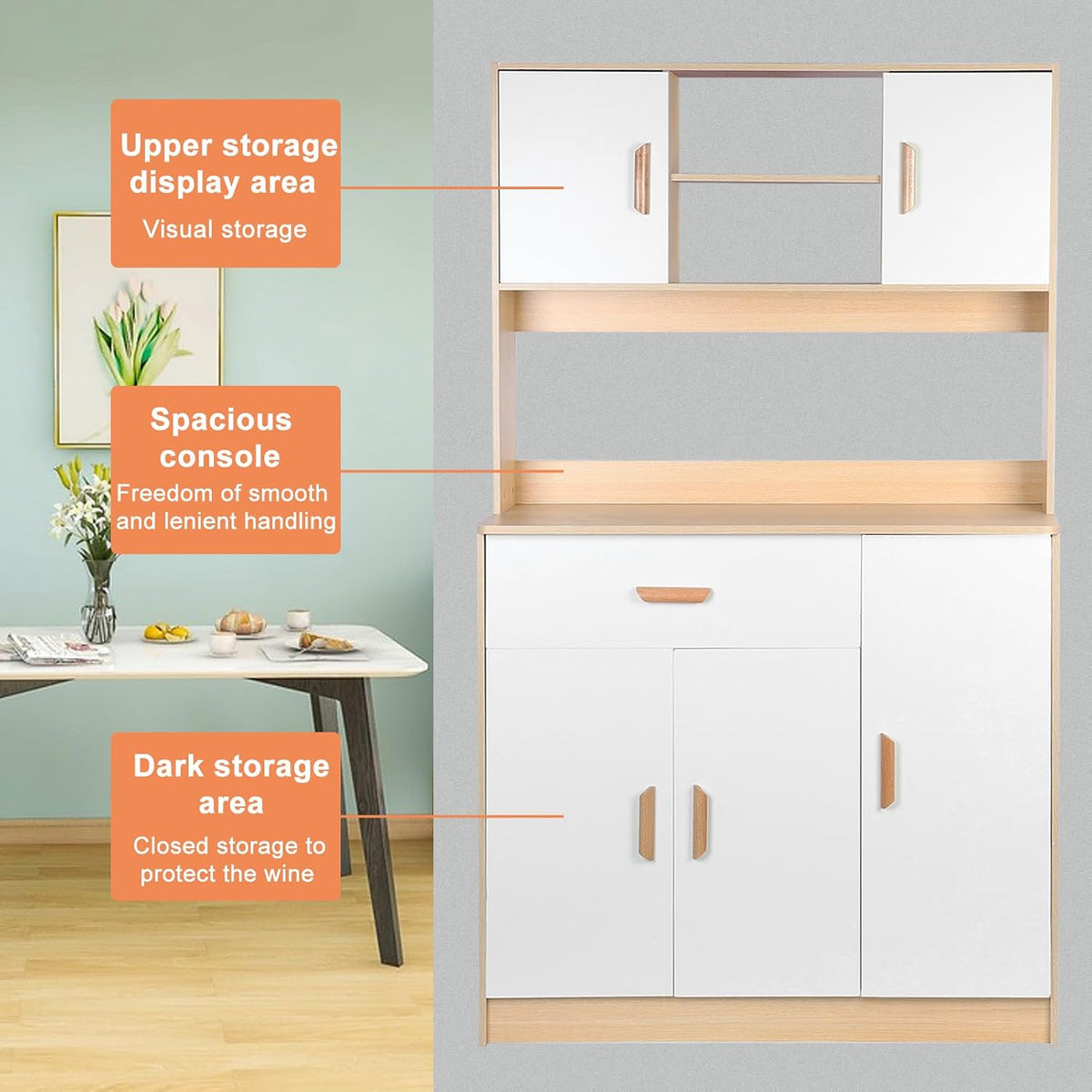 Freestanding Kitchen Pantry Cabinet, Hutch Cabinet with Storage, Tall Sideboard Buffet Cabinet with Doors and Shelves, Microwave Shelf, Wooden Coffee Bar Cabinet for Living Room, Dining Room