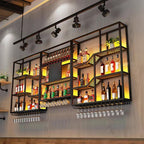79" Large Metal Wine Rack Wall Mounted, 3 Tier Liquor Shelf & Liquor Rack Wall Mounted with LED Light, Bar Shelf for Liquor Bottles & Glass Holder for Dining Room,Home Bar,Black