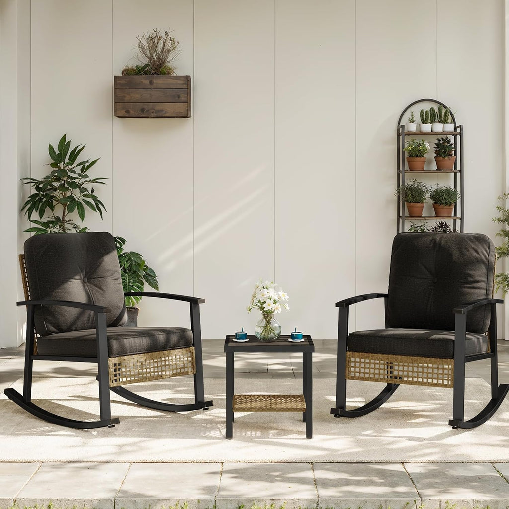 Aoxun 3 Piece Outdoor Rocking Chairs Bistro Set, Rattan Patio Furniture with Thick Cushions & 2-Tier Coffee Table, Patio Rocking Chairs Set of 2 for Garden, Porch, Balcony Black