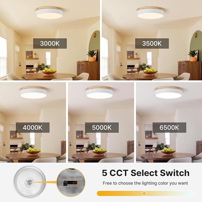 Led Flush Mount Ceiling Light: 11.8" Dimmable 5CCT Overhead Ceiling Lighting Fixture - Morden White Round Close to Ceil Lights - Flat Wood Minimalist Light Fixtures for Living Room Laundry Bedroom
