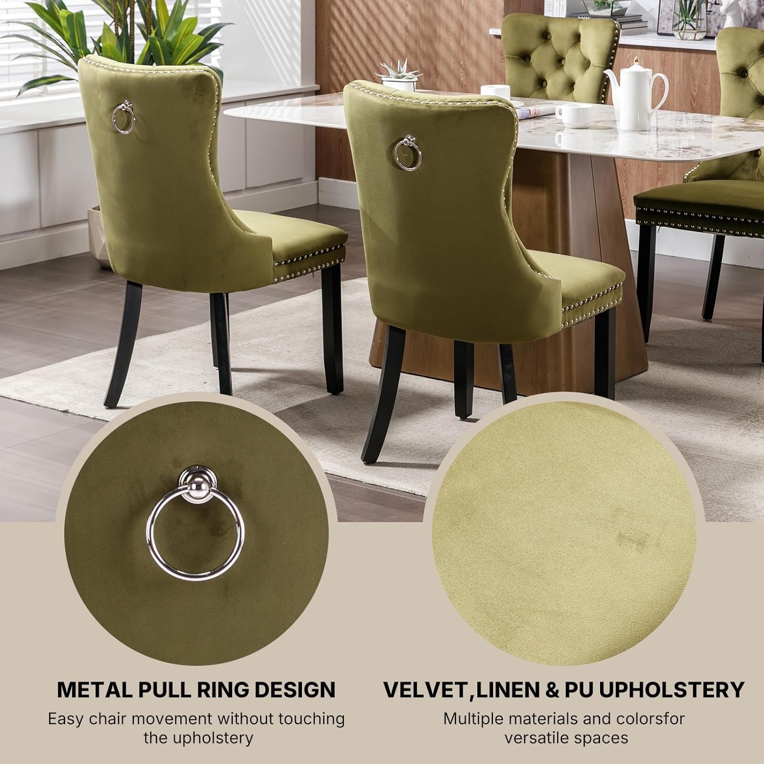 OVENTA Modern Tufted Upholstered Dining Chairs Set of 6, Olive Green Velvet Dining Room Chair with Solid Wood Legs, Sillas de Comedor, Kitchen Chairs (Olive Green, Velvet Set of 6)