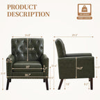 Faux Leather Accent Chair, Modern Upholstered Armchair with Button Tufted Back, Mid Century Comfy Club Chair with Wood Legs Leather Reading Chair for Living Room, Bedroom, Dark Green