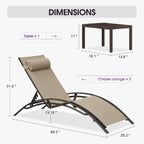 PURPLE LEAF Pool Chaise Lounge Set of 3 Bronze Aluminum Chair, Pebble Gray | 2 Chaise + 1 Table, UV Textilene Fades Less, S-Curve Backrest with Arm, 5 Recline Angles, Adjustable Headrest, Stackable