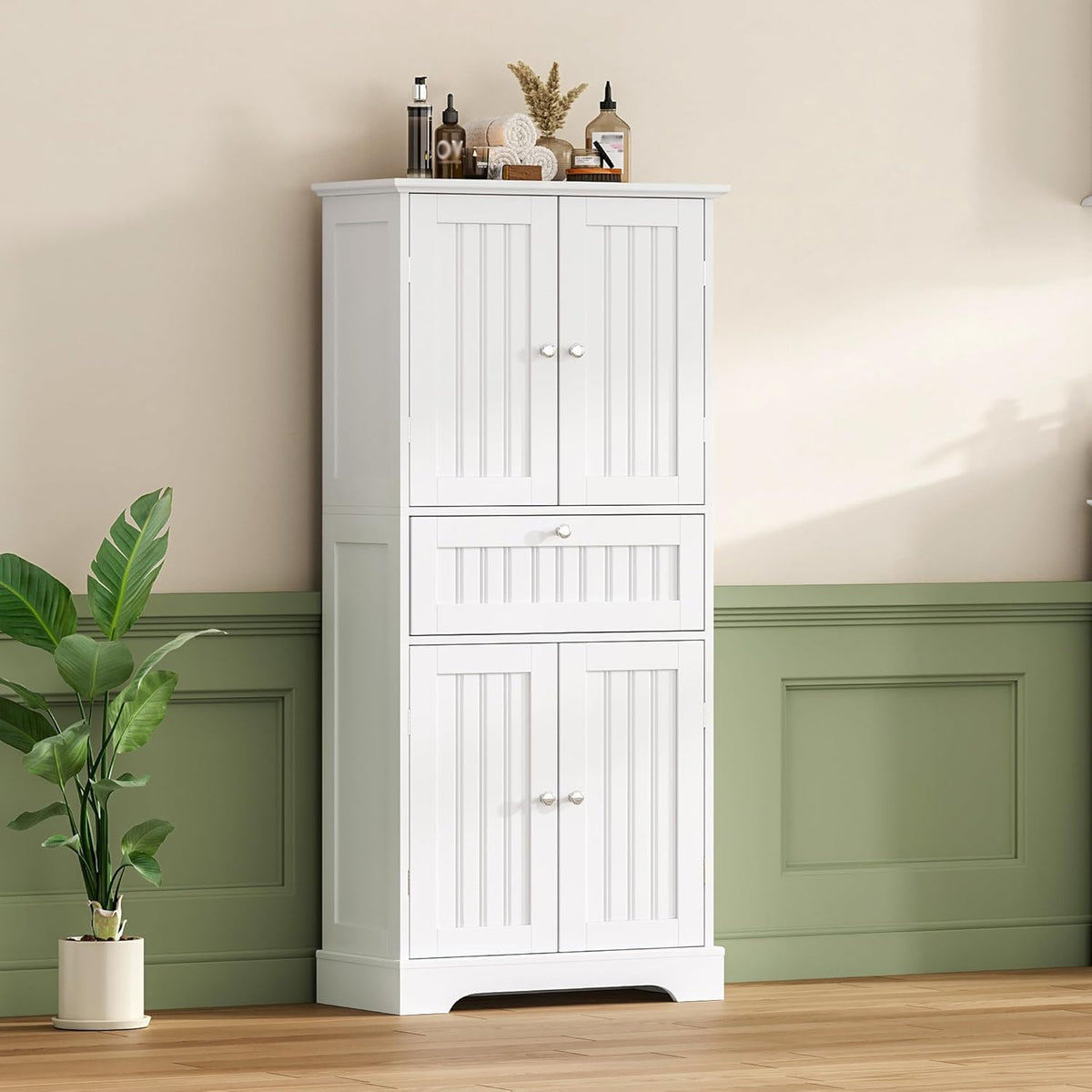 ChooChoo 51" H Bathroom Floor Cabinet with Drawers and Adjustable Shelves | Bathroom Storage Cabinet, Freestanding Kitchen Pantry Cupboard with 4 Doors for Living Room, White