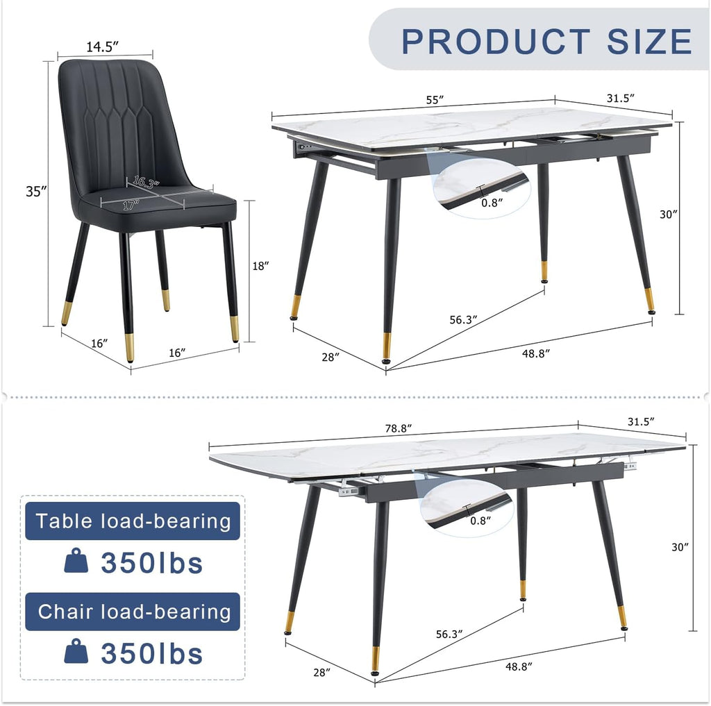 Extendable Dining Table Set for 8, 55"–79" Rectangular Dining Table with White Sintered Stone Top and 8 PU Leather Chairs, Modern Kitchen & Dining Room Table for Family Gatherings, Built to Last