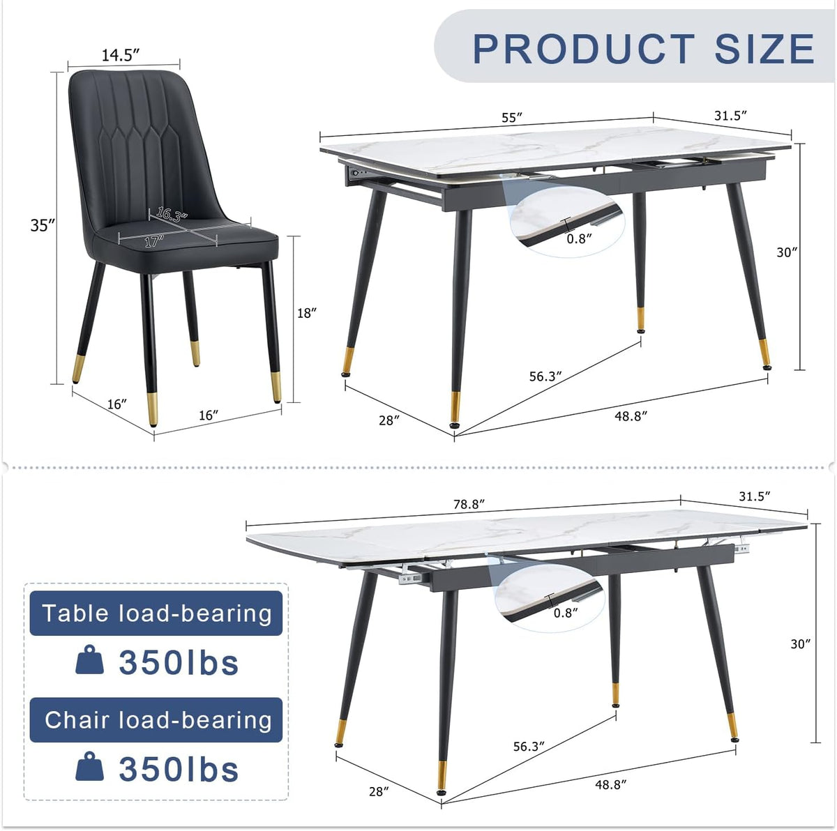 Extendable Dining Table Set for 8, 55"–79" Rectangular Dining Table with White Sintered Stone Top and 8 PU Leather Chairs, Modern Kitchen & Dining Room Table for Family Gatherings, Built to Last