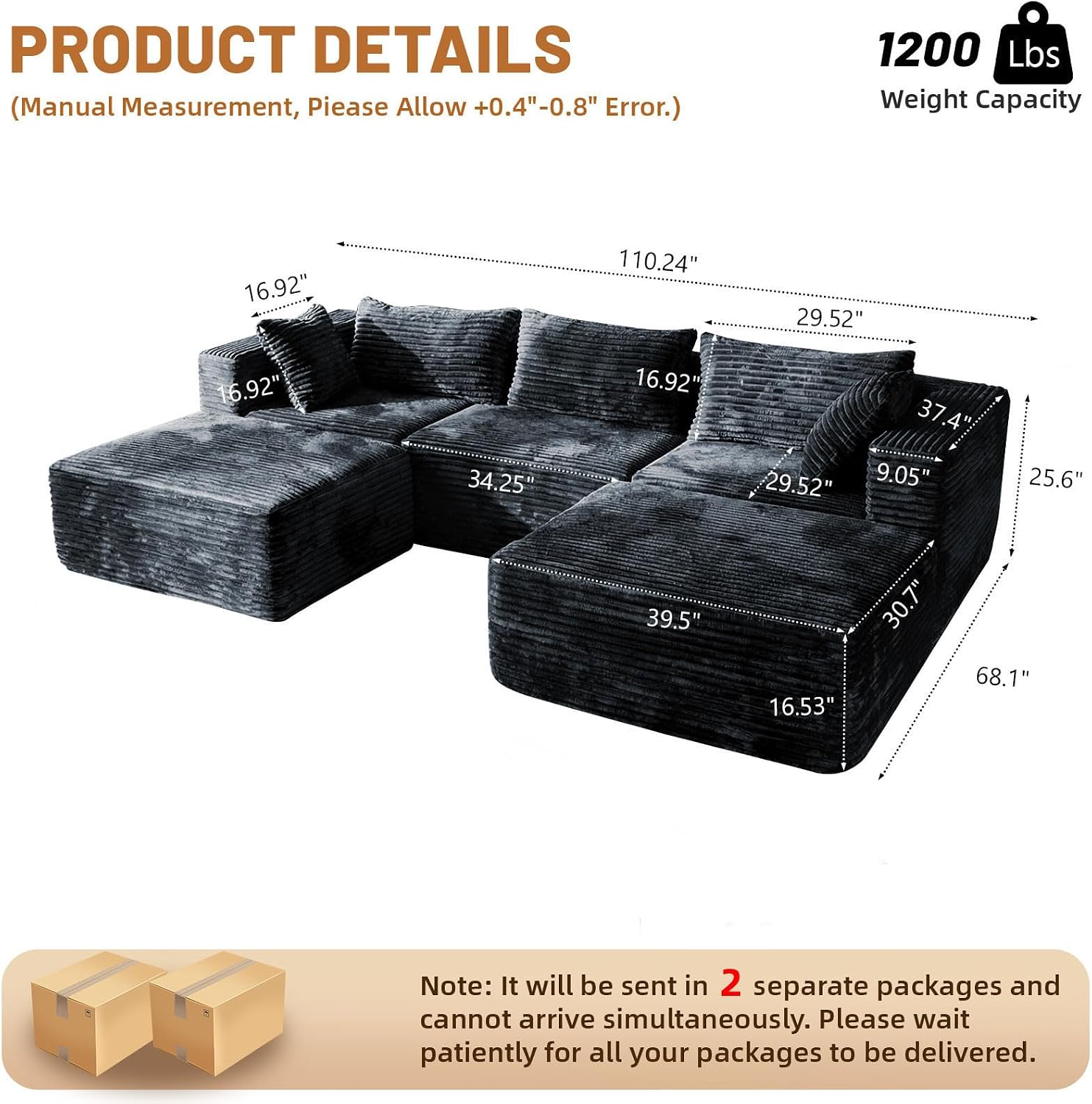 110 Modular Sectional Sofa with 2 Ottomans, Corduroy U-Shaped Modular Sectional Sofa, Convertible Cloud Couch with Deep Seats, No Assembly Required (Grey, 110" 3Seat+2 0ttoman)