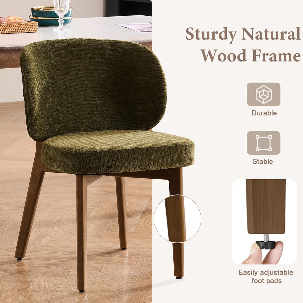 YOUNUOKE Single Dining Chair Modern Dining Room Chair Green | Upholstered Chenille Fabric Kitchen Chair, Widen Curved Backrest Comfy Side Accent Chairs with Wide Padded, Wood Legs