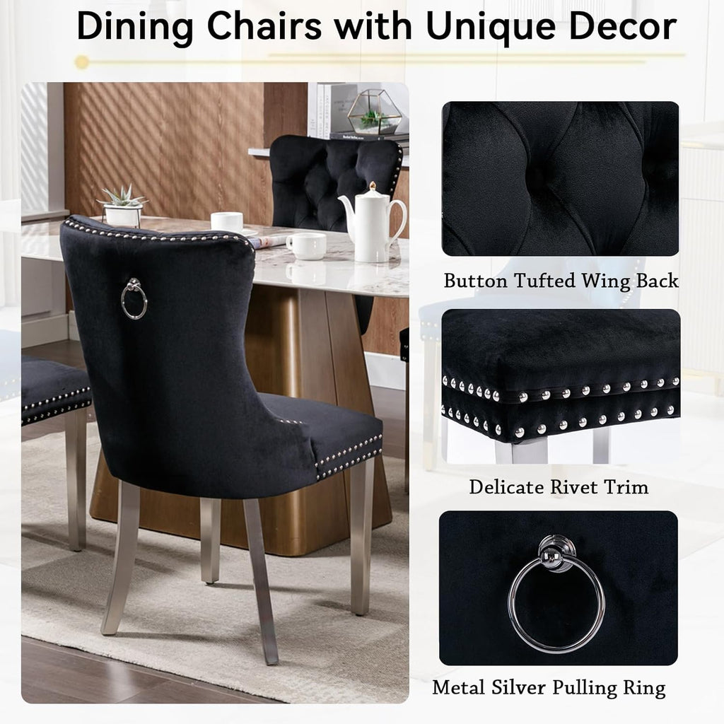 7 Piece Dining Table Set with Chairs, Faux Marble Dining Table and Black Chair Set for 6, White Silver Dining Room Table Set with X-Shape Stainless Steel Base, Morden Kitchen Table and Chairs for 6