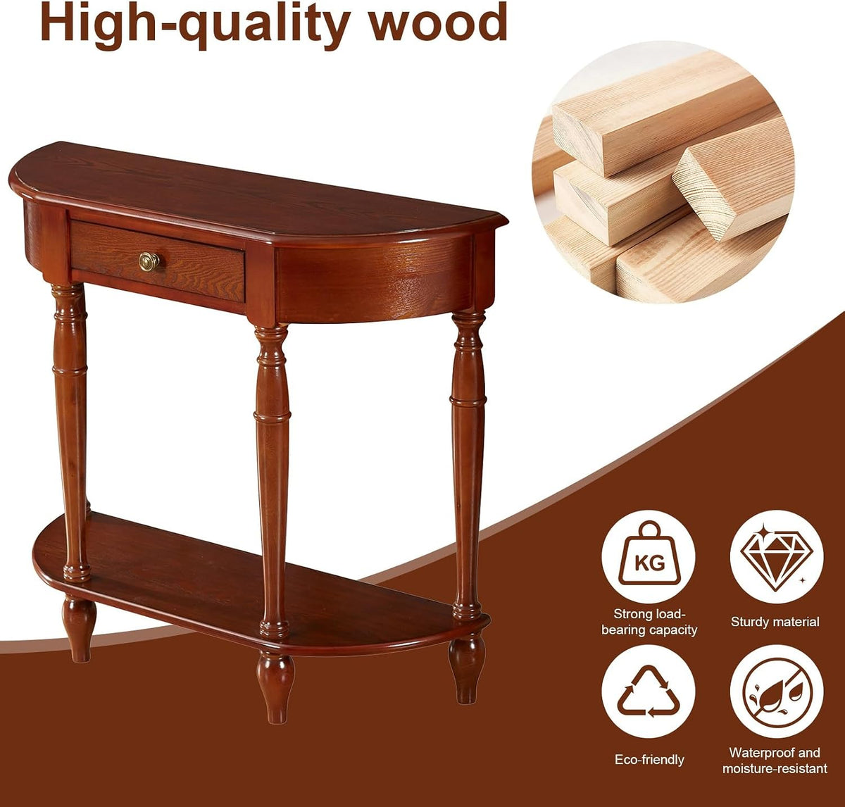 Half Moon Console Table, Solid Wood Console Tables with Drawer and Shelf, for Living Room, Hallway, Foyer, Entrance(35.4 * 11.8 * 31.5in)