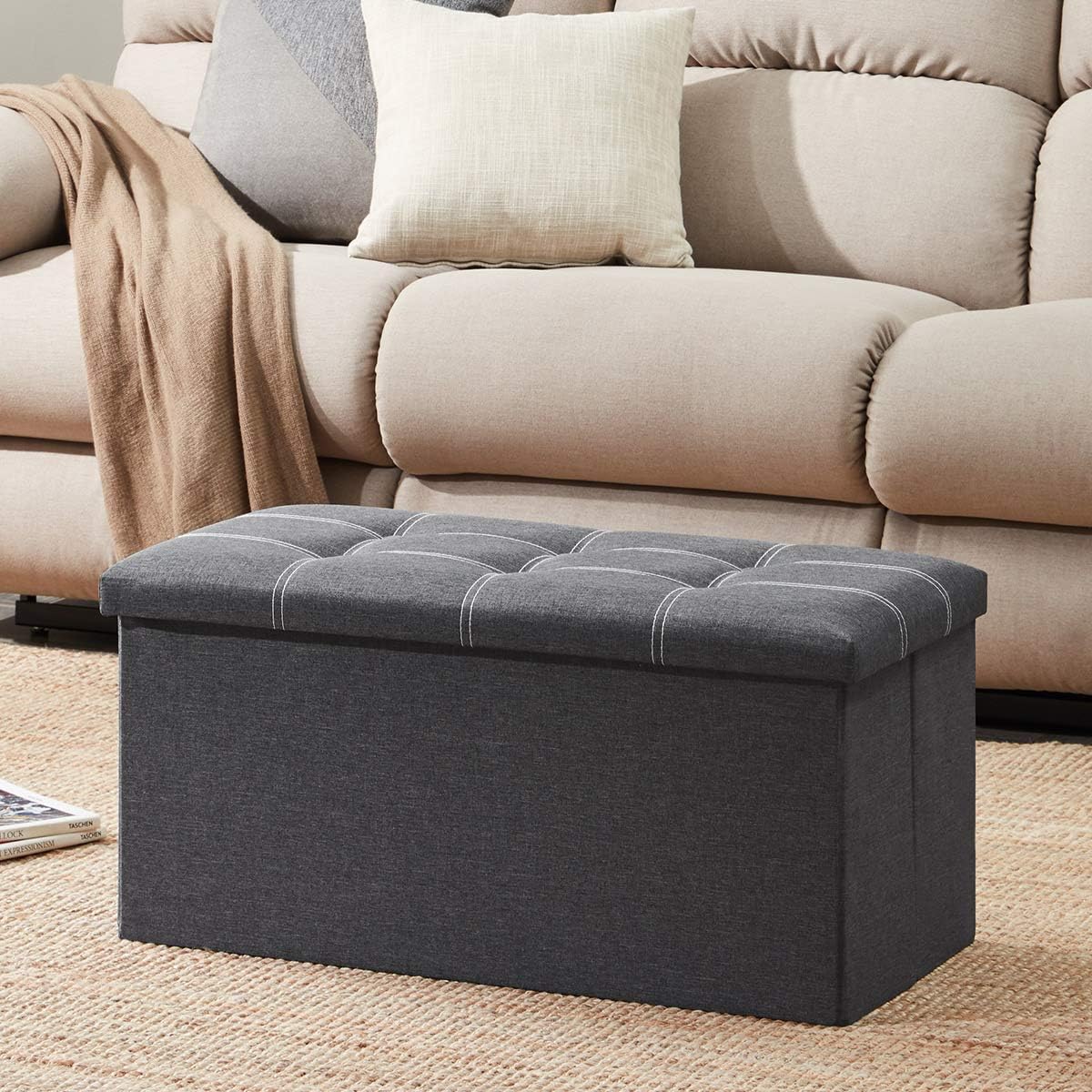 YOUDENOVA Ottoman with Storage, 30" Storage Ottoman Bench, Linen Gray | Hide blankets, pillows and clutter inside, while the padded linen seat adds comfort to your bedroom or living room.