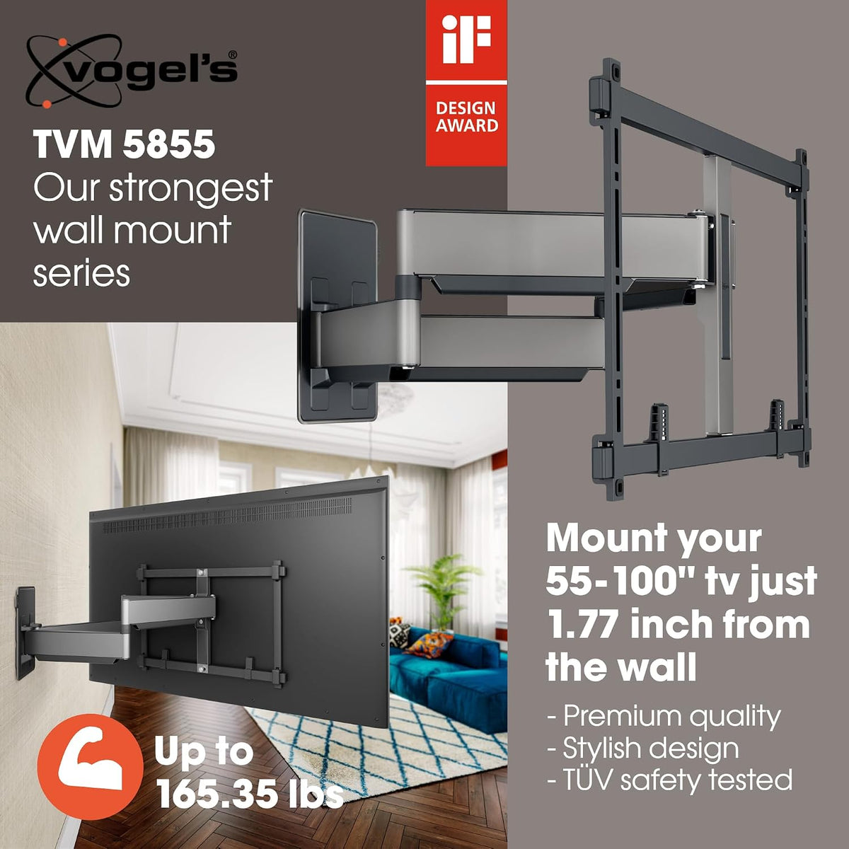 Vogel's TVM 5855 Full-Motion Ultra Strong TV Wall Mount for Large and Heavy TVs up to 100 inches and 165 lbs, Swivels up to 120°, Max. VESA 600x400, Universally Compatible