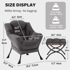 Tiita Lazy Chair with Ottoman, Comfy Reading Accent Chair, Dark Grey | Foldable Footrest, Padded Seat and Backrest, Side Pocket for Lounging in Living Rooms, Bedrooms, Dorms and Small Spaces