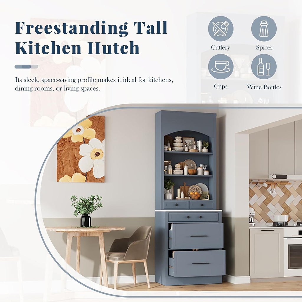 Kitchen Pantry Cabinet, 83.7" Freestanding Storage Cabinet with Hutch, Faux Marble Countertop, 5 Storage Drawers and Adjustable Shelves, Coffee Bar Cabinet for Dining Room, Grey Set of 2