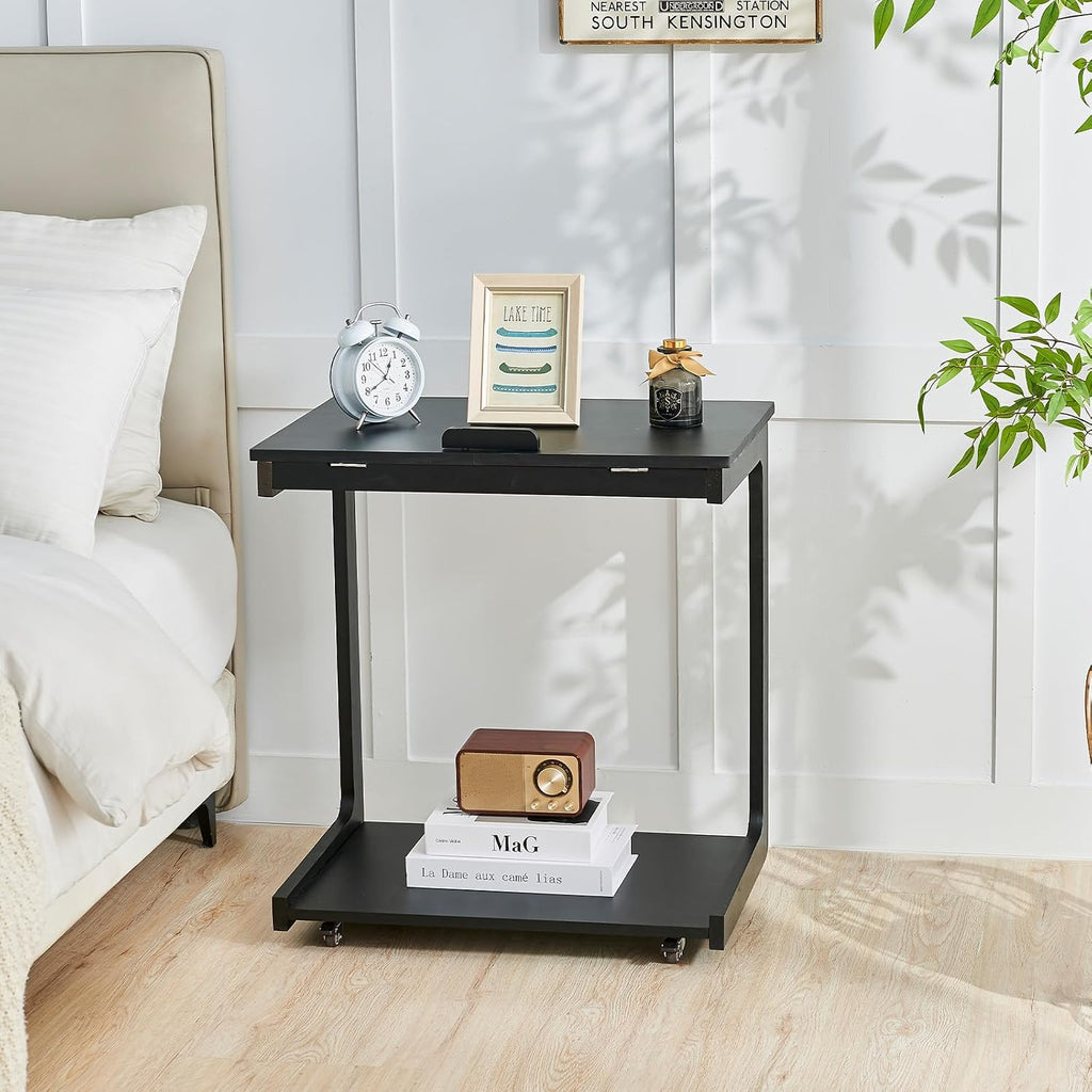 C-Shaped End Table with Wheels - Rolling Side Table for Couch, Solid Wood Modern Adjustable Angles Tv Tray Sofa Tables for Living Room, Bedroom, Home Office, Black, 15.4"D x 23.6"W x 24.8"H