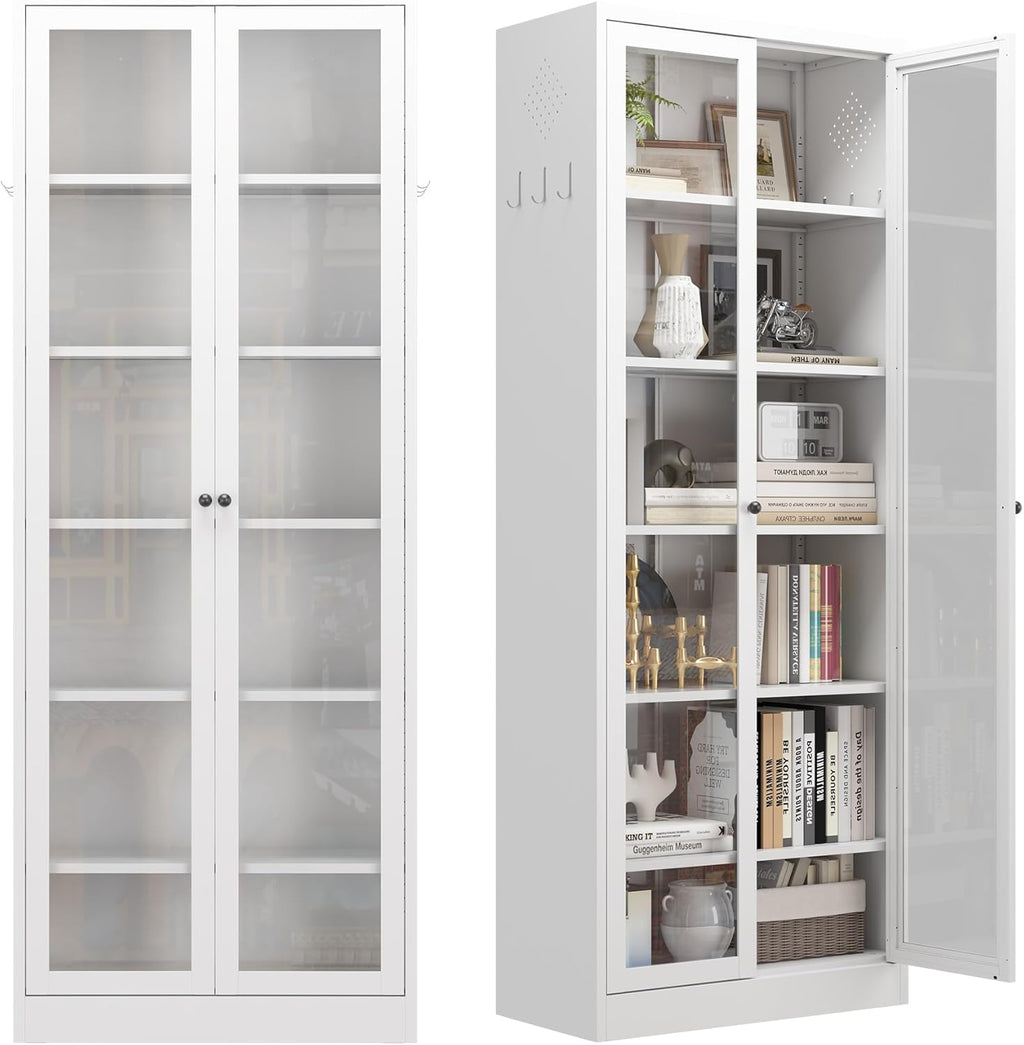 Kitchen Pantry Cabinet, 72" Tall Pantry Storage Cabinet with Adjustable Shelves and Glass Doors, Metal Storage Cabinets with Handle for Living Room, Kitchen, Assemble Required (White)